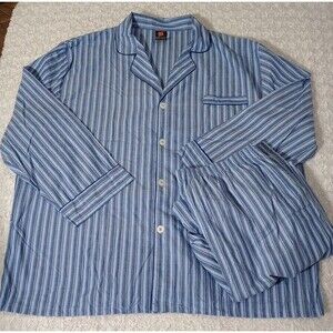 Men's Hanes Woven Pant Shirt Set Pajamas PJ Cotton Blend Blue Stripe 2XLarge